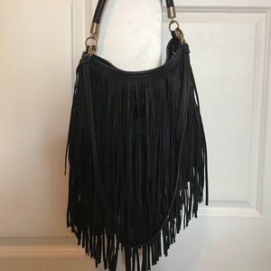 Black leather fringe purse